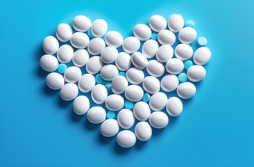 White pills laid out in the shape of a heart on a blue background. Horizontal format.
