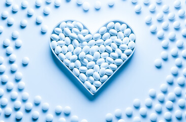 Wallpaper of white pills laid out in the shape of a heart on a blue light background. Horizontal format.