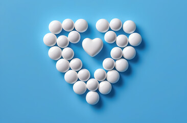 White pills laid out in the shape of a heart on a blue background. Horizontal format.