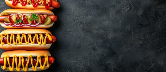 a stack of hot dogs with ketchup and mustard on a black background . High quality - obrazy, fototapety, plakaty