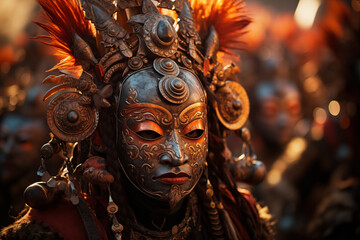 Tsam dance. A Mongolian performer in traditional attire dances the Tsam, a spiritual and expressive ritual, at sunset with others in the background.