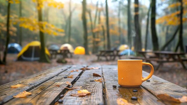 Coffee cup or teacup on campsite background. Seamless looping time-lapse 4k video animation background