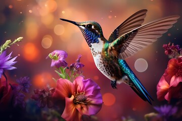 The delicate wings of a hovering hummingbird, frozen in mid-flight, as it sips nectar from the heart of a vibrant cluster of wildflowers. - obrazy, fototapety, plakaty