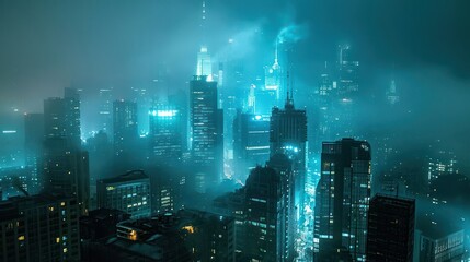 city skylines immersed in fog, complemented by futuristic cyan lights, depicting a sci-fi inspired metropolis
