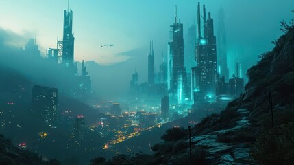 city skylines immersed in fog, complemented by futuristic cyan lights depicting a sci-fi inspired metropolis - obrazy, fototapety, plakaty