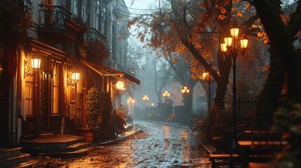 city streets shrouded in fog, adorned with warm amber lights, portraying a cozy and mysterious...