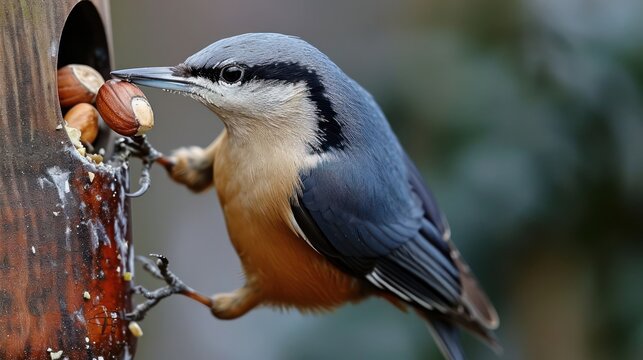 closeup Nuthatch skillfully extracting nuts from a feeder, with its unique upside-down feeding style and striking black-and-white markings