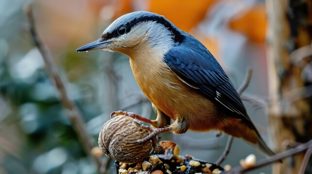 closeup photography Convey the charm of a Nuthatch skillfully extracting nuts from a feeder, with its unique upside