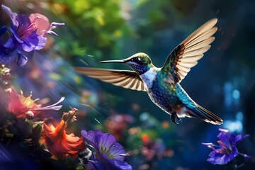 The delicate wings of a hovering hummingbird, frozen in mid-flight, as it sips nectar from the...