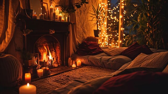cozy romantic Day indoors with an image of a fireplace, plush cushions, and soft lighting