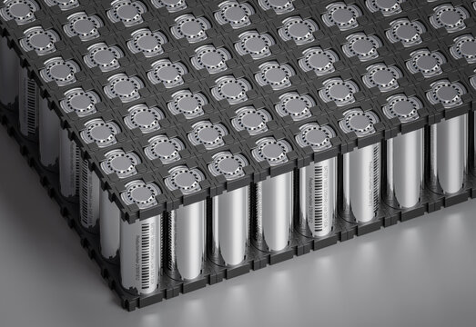 Lithium-ion batteries form a battery pack utilized in electric vehicles. 3d render