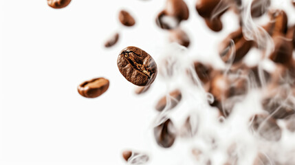 Obraz premium Roasted coffee beans floating on white background with white smoke. Coffee shop concept. Generative AI