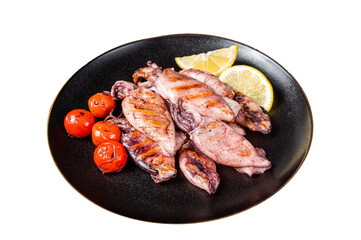 Seafood diner with grilled squid, calamary in a plate. Isolated, Transparent background.