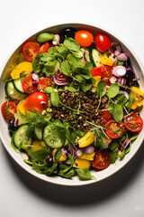 An overhead shot of a gourmet salad bowl, full of colorful vegetables and grains, set against a minimal white background