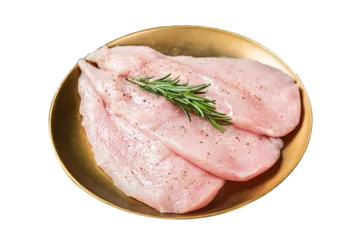 Fototapeten Uncooked Raw chicken chop breast fillets on a plate, poultry meat. Isolated, Transparent background. © Vladimir