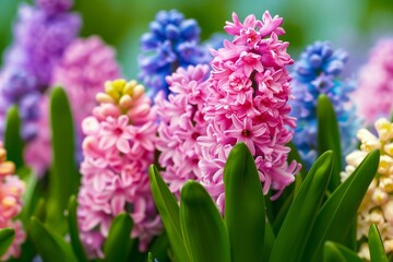 Fototapeta premium Large flower bed with multi-colored hyacinths, traditional easter flowers, flower background, easter spring background. Close up macro photo, selective focus. generative ai.