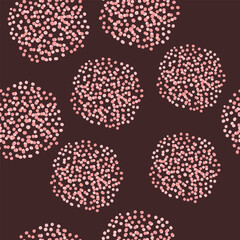 Golden glitter dots, abstract pink background. Pale pink watercolor stains. Seamless vector pattern. Shiny holiday background. Golden circles pattern. Illustration. Gold metal foil background.