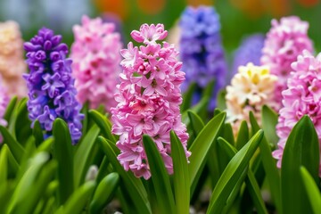 Fototapeta premium Large flower bed with multi-colored hyacinths, traditional easter flowers, flower background, easter spring background. Close up macro photo, selective focus. generative ai.