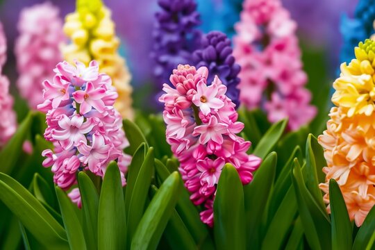 Large flower bed with multi-colored hyacinths, traditional easter flowers, flower background, easter spring background. Close up macro photo, selective focus. generative ai.