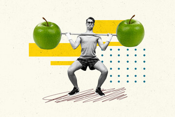 Creative poster collage of funny young man nerd try hard lift barbell apples tasty food healthy lifestyle weird freak bizarre unusual - obrazy, fototapety, plakaty