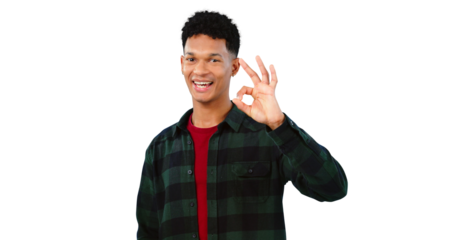 Portrait, happy and man with ok hands for feedback, support or motivation. Perfect, emoji and face of model for success, thank you or review excellence isolated on a transparent, png background