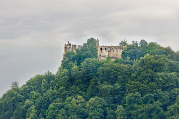 Povaz (Bystrice) Castle in Slovakia. Ruins of an ancient castle on top of a mountain among trees