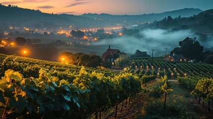 Naklejka premium fog-laden vineyards under warm amber lights creating an idyllic and picturesque rural landscape