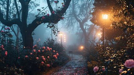 fog-shrouded gardens under soft rose lights embodying a romantic and serene botanical atmosphere