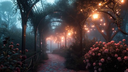 fog-shrouded gardens under soft rose lights, embodying a romantic and serene botanical atmosphere
