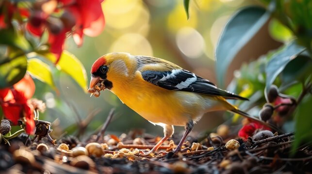 Goldfinch indulging in a nutty treat, set against a sunlit garden backdrop, emphasizing its golden plumage and agile movements