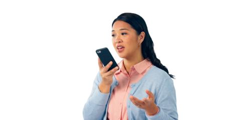 Woman, phone call and speaker or audio communication for voice app or conversation, networking or sound. Asian person, mobile speech and isolated transparent png background, microphone or talking