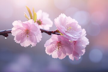 A cherry blossom bud unfurling, adorned with dewdrops that sparkle in the spring morning