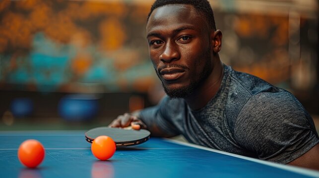 Man playing ping pong with a paddle, showcasing intensity and skill in an engaging indoor sports activity