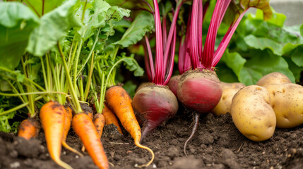 Bunch of organic beetroot and carrot, freshly harvested vegetables on soil in garden. Autumn harvest, farming. Organic vegetables on table. carrots and beets. Without Genetically modified food. Health