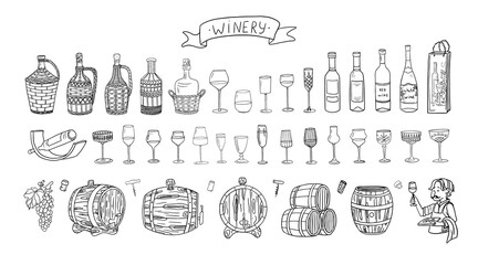 Big set of wine bottles, oak barrels, wicker wine bottles and wine glasses of various sizes and shapes. Grape. Winemaker. Winery. Great for bar menu, banner, celebration. Hand drawn. Doodle