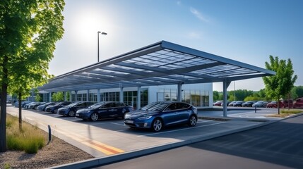Car parking with canopy roof with solar panels.