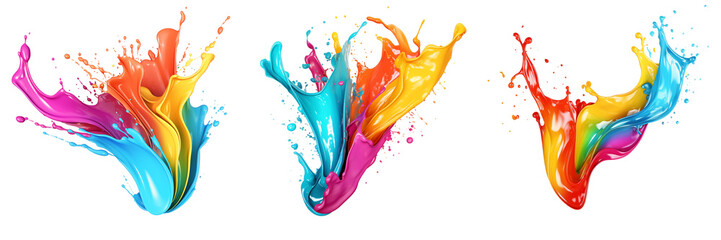 Bright colorful falling paint splash with liquid drops. Isolated on white or transparent background png.
