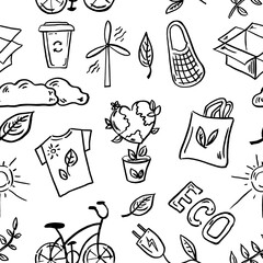 Ecology seamless pattern. Hand-drawn doodle vector illustration. Ecology problem, recycling and green energy icons. Environmental symbols.