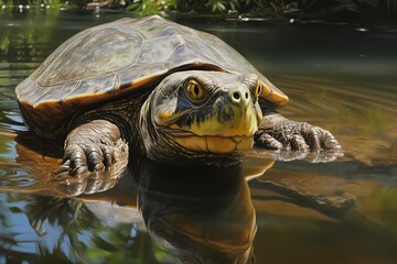 The expressive eyes of a wise old turtle, its weathered shell adorned with moss, as it basks in the dappled sunlight near a tranquil pond.