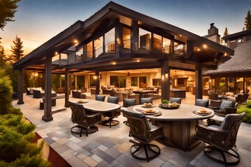 Fototapeta premium Beautiful luxury home exterior at sunset. Features large covered patio with outdoor furniture, barbecue, and table with chairs