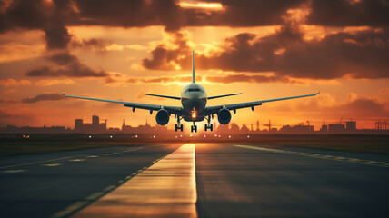 Fototapeta na wymiar Plane landing in sunrise