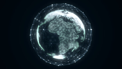 Virtual security planet Earth managing ai. Abstract network connection on digital background. Technology processing data in galaxy. Futuristic 3D wireframe sphere. Globe polygon. 3D rendering.
