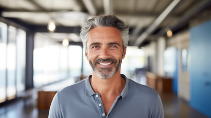 Portrait of a handsome middle aged man with smiling look at camera