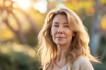 Obraz premium Headshot of beautiful mature Caucasian woman with blurred nature background in soft morning sunlight. Old age skin care concept