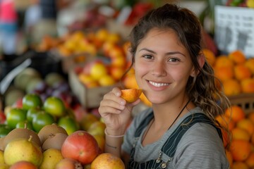 Fototapeta na wymiar Hispanic woman happily eating fruit at a lively farmers market, american street markets picture