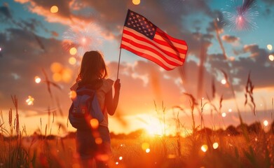 Girl holds flag amid fireworks, american family celebrations image
