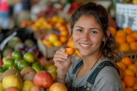 Hispanic woman happily eating fruit at a lively farmers market, american street markets picture