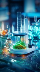 Close-up Experiments, Quality control of chemicals under a microscope in a modern research laboratory. Science, Medicine, Biotechnology, Microbiology, Healthcare concepts.