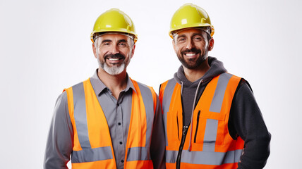 portrait of men working in construction site laughing at sunset and looking at camera. Labor Day concept