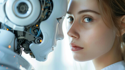 Fototapeta premium A Woman opposite AI. The concept of confrontation between humanity and artificial intelligence. Generative ai